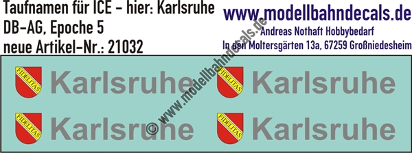 "Nass-Schiebebilder: Taufnamen für ICE ""Karlsruhe"", DB-AG, Epoche 5. Artikel-Nummer: 21032"