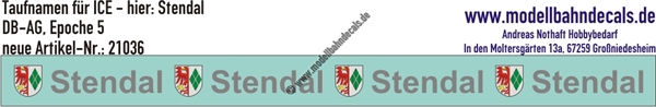 "Nass-Schiebebilder: Taufnamen für ICE ""Stendal"", DB-AG, Epoche 5. Artikel-Nummer: 21036"