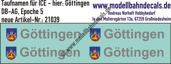 "Nass-Schiebebilder: Taufnamen für ICE ""Göttingen"", DB-AG, Epoche 5. Artikel-Nummer: 21039"