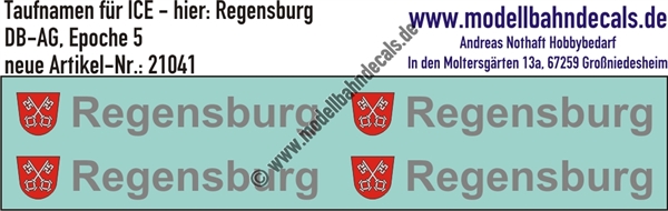 "Nass-Schiebebilder: Taufnamen für ICE ""Regensburg"", DB-AG, Epoche 5. Artikel-Nummer: 21041"