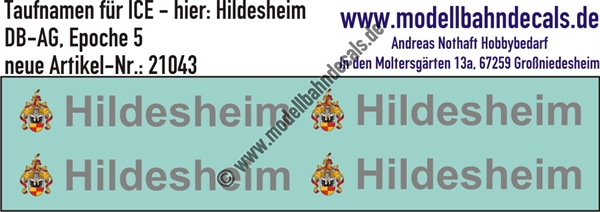 "Nass-Schiebebilder: Taufnamen für ICE ""Hildesheim"", DB-AG, Epoche 5. Artikel-Nummer: 21043"
