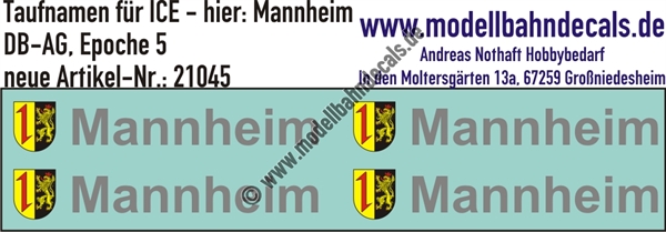 "Nass-Schiebebilder: Taufnamen für ICE ""Mannheim"", DB-AG, Epoche 5. Artikel-Nummer: 21045"