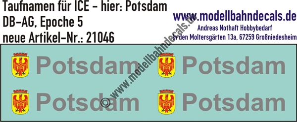 "Nass-Schiebebilder: Taufnamen für ICE ""Potsdam"", DB-AG, Epoche 5. Artikel-Nummer: 21046"