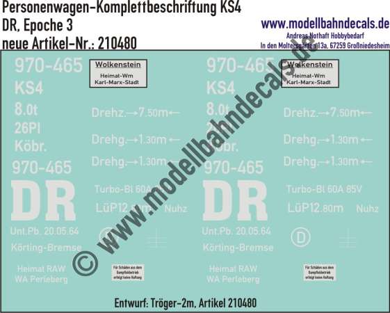Nass-Schiebebilder: Personenwagen-Komplettbeschriftung KS4, DR, Epoche 3. Artikel-Nummer: 210480