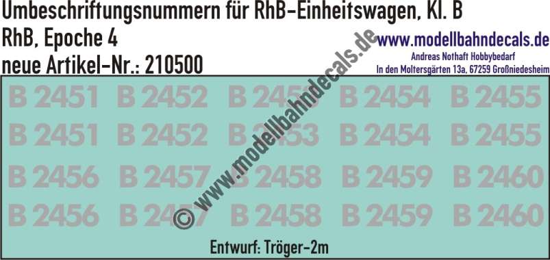 Nass-Schiebebilder: Umbeschriftungsnummern für Einheitswagen Klasse B der RhB (Rhätische Bahn), Epoche 4; Entwurf Tröger-2m. Artikel-Nummer: 210500