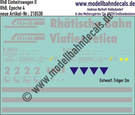 Nass-Schiebebilder: Personenwagen-Komplettbeschriftung Einheitswagen II Klasse B (Wagen 2452) der RhB (Rhätische Bahn), Epoche 4, Entwurf Tröger-2m. Artikel-Nummer: 210530