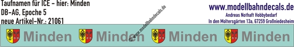 "Nass-Schiebebilder: Taufnamen für ICE ""Minden"", DB-AG, Epoche 5. Artikel-Nummer: 21061"