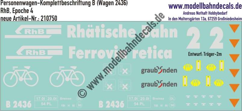 Nass-Schiebebilder: Personenwagen-Komplettbeschriftung Einheitswagen Klasse B (Wagen 2436) der RhB (Rhätische Bahn), Epoche 4, Entwurf Tröger-2m. Artikel-Nummer: 210750