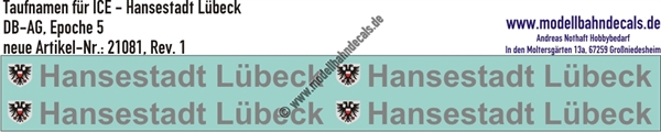 "Nass-Schiebebilder: Taufnamen für ICE ""Hansestadt Lübeck"", DB-AG, Epoche 5. Artikel-Nummer: 21081"