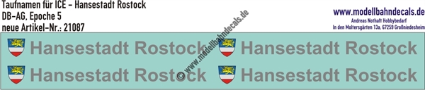 "Nass-Schiebebilder: Taufnamen für ICE ""Hansestadt Rostock"", DB-AG, Epoche 5. Artikel-Nummer: 21087"