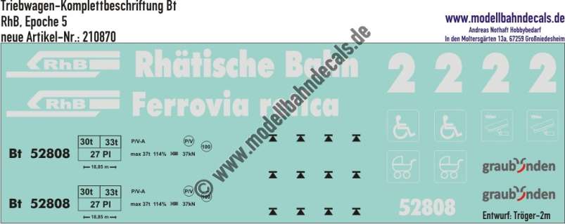 Nass-Schiebebilder: Triebwagen-Komplettbeschriftung Bt der RhB (Rhätische Bahn), Epoche 4; Entwurf Tröger-2m, Art. 210870