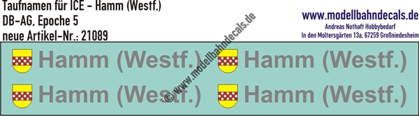 "Nass-Schiebebilder: Taufnamen für ICE ""Hamm (Westf.)"", DB-AG, Epoche 5. Artikel-Nummer: 21089"