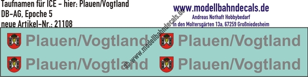 "Nass-Schiebebilder: Taufnamen für ICE ""Plauen/Vogtland"", DB-AG, Epoche 5. Artikel-Nummer: 21108"