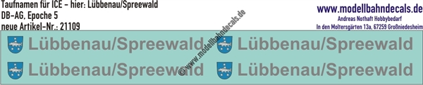 "Nass-Schiebebilder: Taufnamen für ICE ""Lübbenau/Spreewald"", DB-AG, Epoche 5. Artikel-Nummer: 21109"
