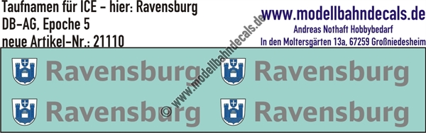 "Nass-Schiebebilder: Taufnamen für ICE ""Ravensburg"", DB-AG, Epoche 5. Artikel-Nummer: 21110"