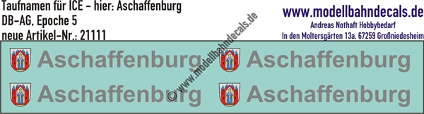 "Nass-Schiebebilder: Taufnamen für ICE ""Aschaffenburg"", DB-AG, Epoche 5. Artikel-Nummer: 21111"
