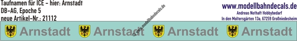 "Nass-Schiebebilder: Taufnamen für ICE ""Arnstadt"", DB-AG, Epoche 5. Artikel-Nummer: 21112"