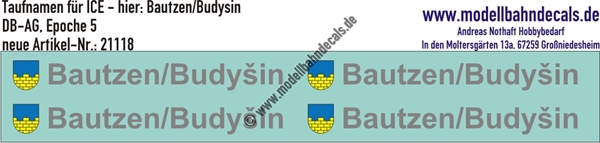 "Nass-Schiebebilder: Taufnamen für ICE ""Bautzen/Budyin"", DB-AG, Epoche 5. Artikel-Nummer: 21118"