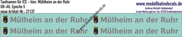 "Nass-Schiebebilder: Taufnamen für ICE ""Mülheim an der Ruhr"", DB-AG, Epoche 5. Artikel-Nummer: 21137"