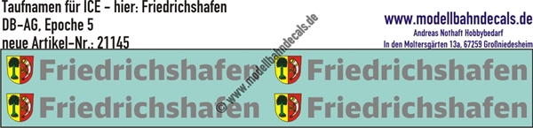 "Nass-Schiebebilder: Taufnamen für ICE ""Friedrichshafen"", DB-AG, Epoche 5. Artikel-Nummer: 21145"