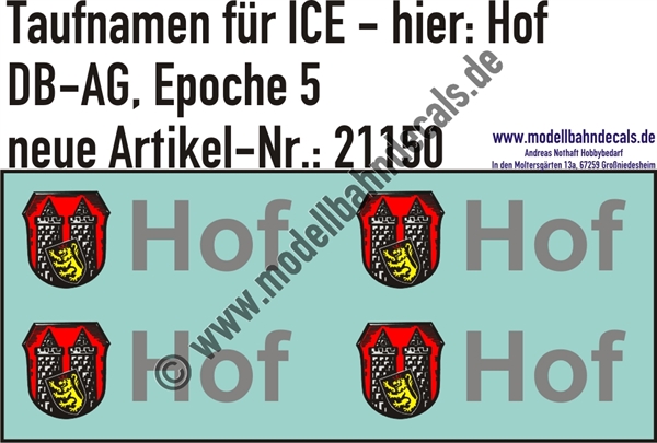 "Nass-Schiebebilder: Taufnamen für ICE ""Hof"", DB-AG, Epoche 5. Artikel-Nummer: 21150"