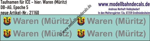 "Nass-Schiebebilder: Taufnamen für ICE ""Waren (Müritz)"", DB-AG, Epoche 5. Artikel-Nummer: 21160"