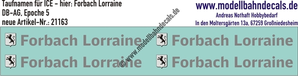"Nass-Schiebebilder: Taufnamen für ICE ""Forbach Lorraine"", DB-AG, Epoche 5. Artikel-Nummer: 21163"