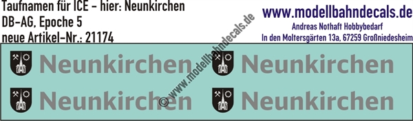 "Nass-Schiebebilder: Taufnamen für ICE ""Neunkirchen"", DB-AG, Epoche 5. Artikel-Nummer: 21174"