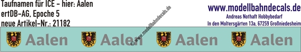 "Nass-Schiebebilder: Taufnamen für ICE ""Aalen"", DB-AG, Epoche 5. Artikel-Nummer: 21182"