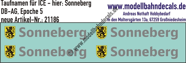 "Nass-Schiebebilder: Taufnamen für ICE ""Sonneberg"", DB-AG, Epoche 5. Artikel-Nummer: 21186"