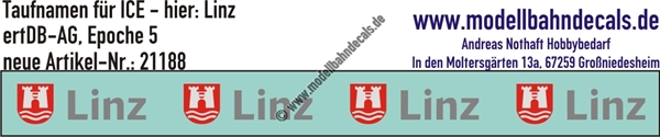 "Nass-Schiebebilder: Taufnamen für ICE ""Linz"", DB-AG, Epoche 5. Artikel-Nummer: 21188"