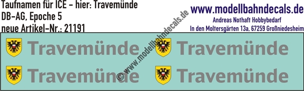 "Nass-Schiebebilder: Taufnamen für ICE ""Travemünde"", DB-AG, Epoche 5. Artikel-Nummer: 21191"