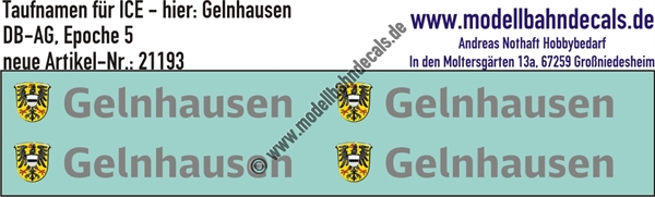 "Nass-Schiebebilder: Taufnamen für ICE ""Gelnhausen"", DB-AG, Epoche 5. Artikel-Nummer: 21193"