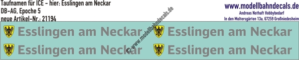 "Nass-Schiebebilder: Taufnamen für ICE ""Esslingen am Neckar"", DB-AG, Epoche 5. Artikel-Nummer: 21194"