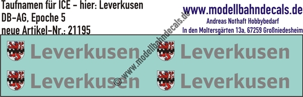 "Nass-Schiebebilder: Taufnamen für ICE ""Leverkusen"", DB-AG, Epoche 5. Artikel-Nummer: 21195"