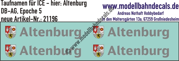 "Nass-Schiebebilder: Taufnamen für ICE ""Altenburg"", DB-AG, Epoche 5. Artikel-Nummer: 21196"