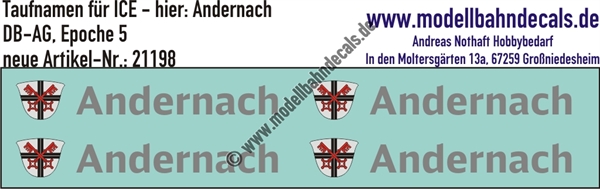 "Nass-Schiebebilder: Taufnamen für ICE ""Andernach"", DB-AG, Epoche 5. Artikel-Nummer: 21198"
