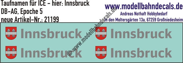 "Nass-Schiebebilder: Taufnamen für ICE ""Innsbruck"", DB-AG, Epoche 5. Artikel-Nummer: 21199"
