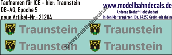 "Nass-Schiebebilder: Taufnamen für ICE ""Traunstein"", DB-AG, Epoche 5. Artikel-Nummer: 21204"