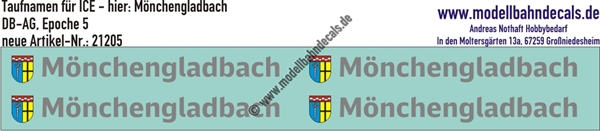 "Nass-Schiebebilder: Taufnamen für ICE ""Mönchengladbach"", DB-AG, Epoche 5. Artikel-Nummer: 21205"
