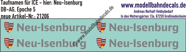 "Nass-Schiebebilder: Taufnamen für ICE ""Neu-Isenburg"", DB-AG, Epoche 5. Artikel-Nummer: 21206"