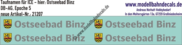"Nass-Schiebebilder: Taufnamen für ICE ""Ostseebad Binz"", DB-AG, Epoche 5. Artikel-Nummer: 21207"