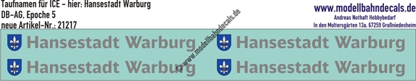 "Nass-Schiebebilder: Taufnamen für ICE ""Hansestadt Warburg"", DB-AG, Epoche 5. Artikel-Nummer: 21217"