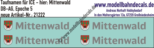 "Nass-Schiebebilder: Taufnamen für ICE ""Mittenwald"", DB-AG, Epoche 5. Artikel-Nummer: 21222"
