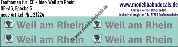 "Nass-Schiebebilder: Taufnamen für ICE ""Weil am Rhein"", DB-AG, Epoche 5. Artikel-Nummer: 21224"