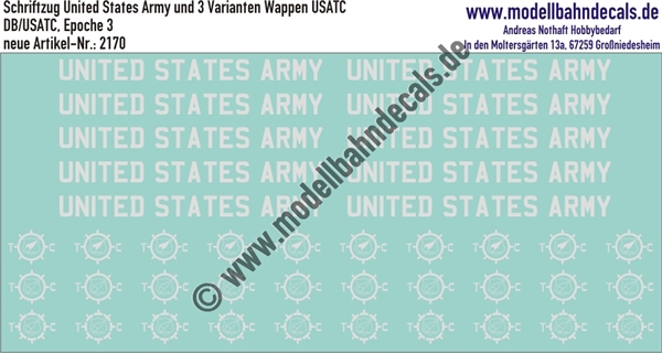 "Nass-Schiebebilder: Schriftzug United States Army und 3 Varianten Wappen USATC, Weiss. Artikel-Nummer: 2170"