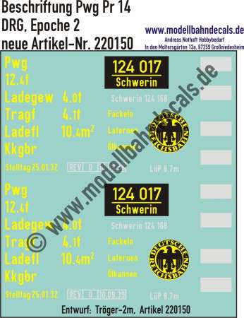 Nass-Schiebebilder: Pwg (Pr 14) Komplettbeschriftung DRG, Epoche 2, Entwurf: Tröger-2m, Art. 220150.