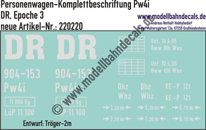 Nass-Schiebebilder: Personenwagen-Komplettbeschriftung Pw4, DR, Epoche 3; Entwurf Tröger-2m. Artikel-Nummer: 220220