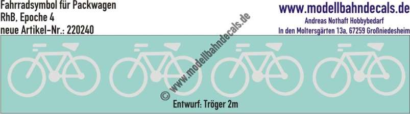 Nass-Schiebebilder: Fahrrad-Symbole für Packwagen der RhB (Rhätische Bahn), Epoche 4, Entwurf Tröger-2m, Artikel-Nummer: 220240