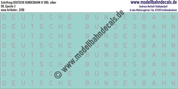 "Nass-Schiebebilder: Schriftzug DEUTSCHE BUNDESBAHN (V 200), Silber. Artikel-Nummer: 2290"
